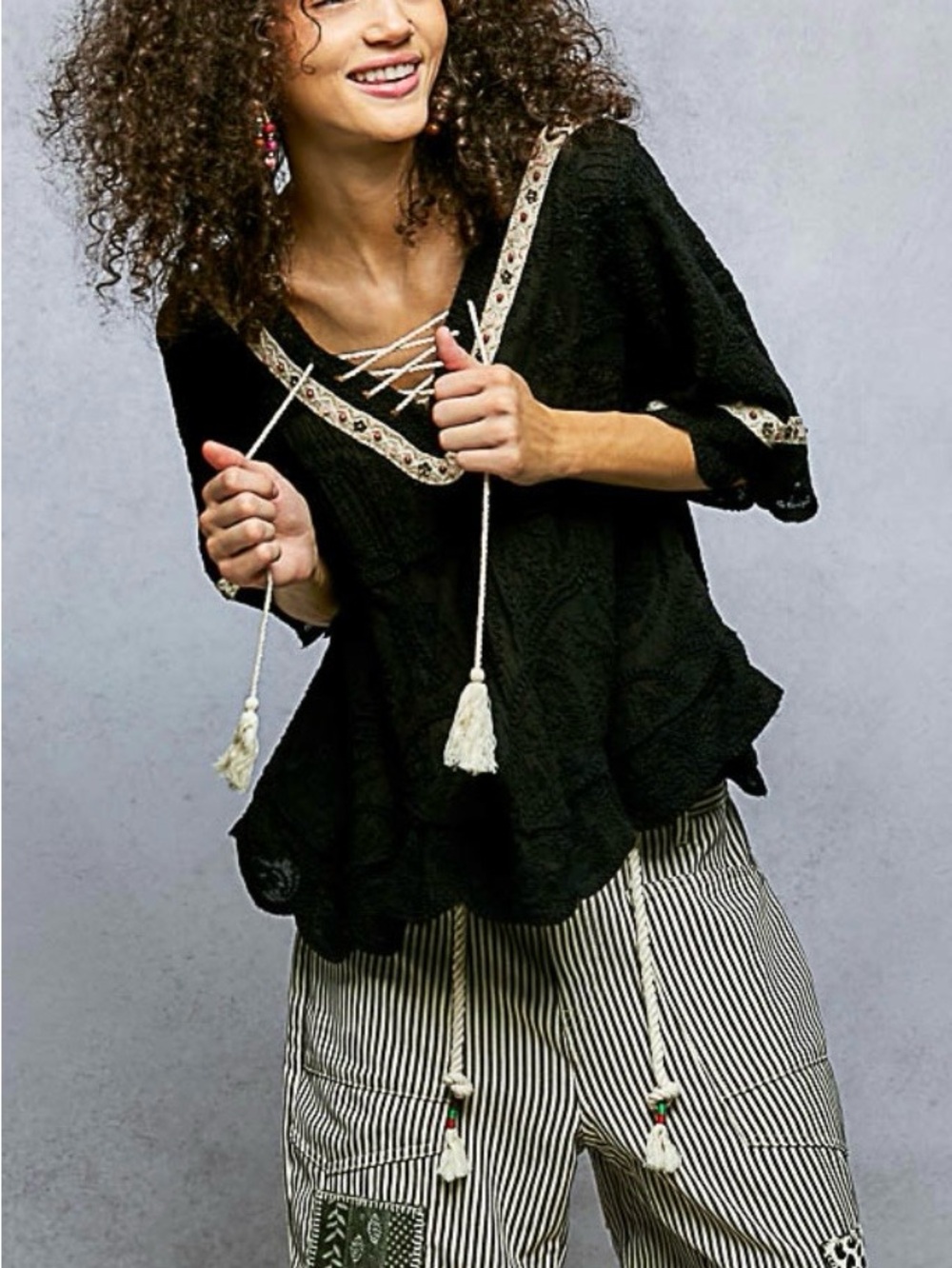 POL Black Lace-Up Embroidered Peasant Top
